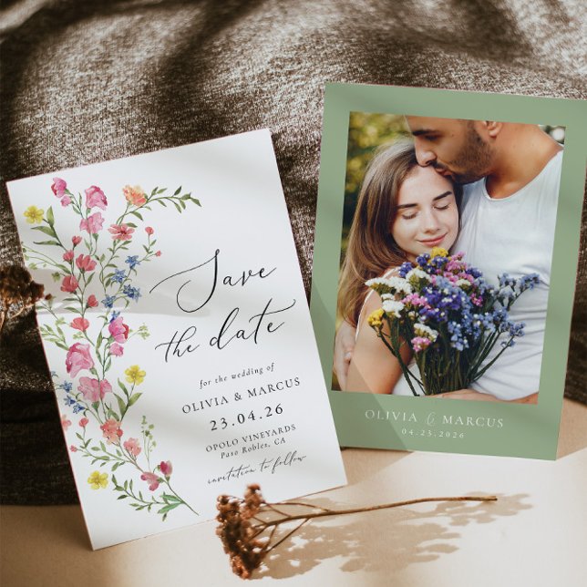 Colourful Boho Wildflower Fairytale Elegant Weddin Save The Date (Front/Back)