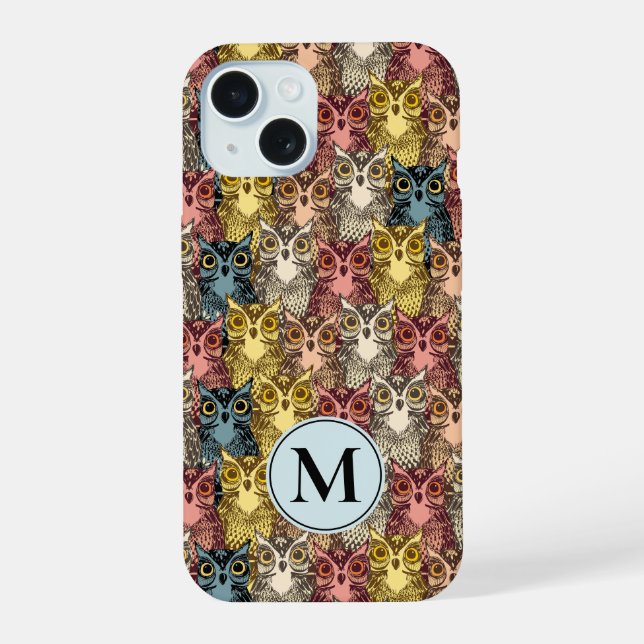 Colourful Boho Woodland Owl Pattern iPhone 15 Case (Back)