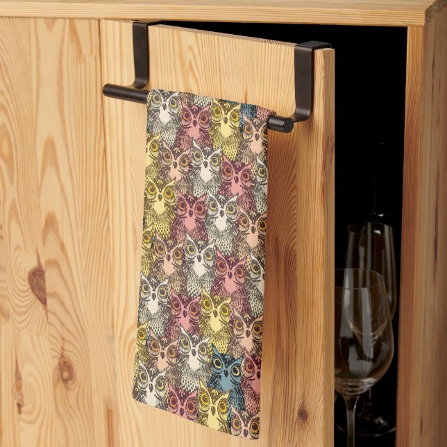 Colourful Boho Woodland Owl Pattern Kitchen Towel (Thirds Fold)