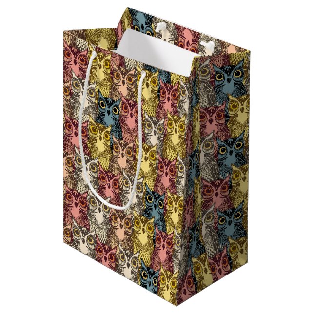 Colourful Boho Woodland Owl Pattern Medium Gift Bag (Front Angled)