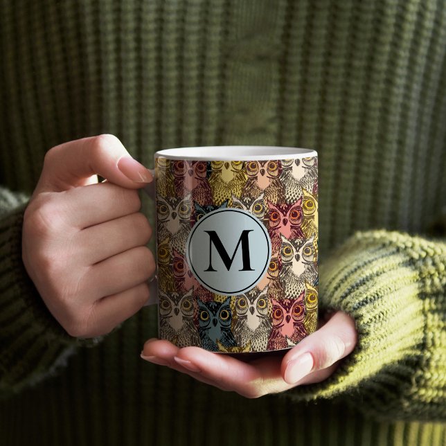 Colourful Boho Woodland Owl Pattern & Monogram Coffee Mug (Boho Monogram Owl Pattern Mug)