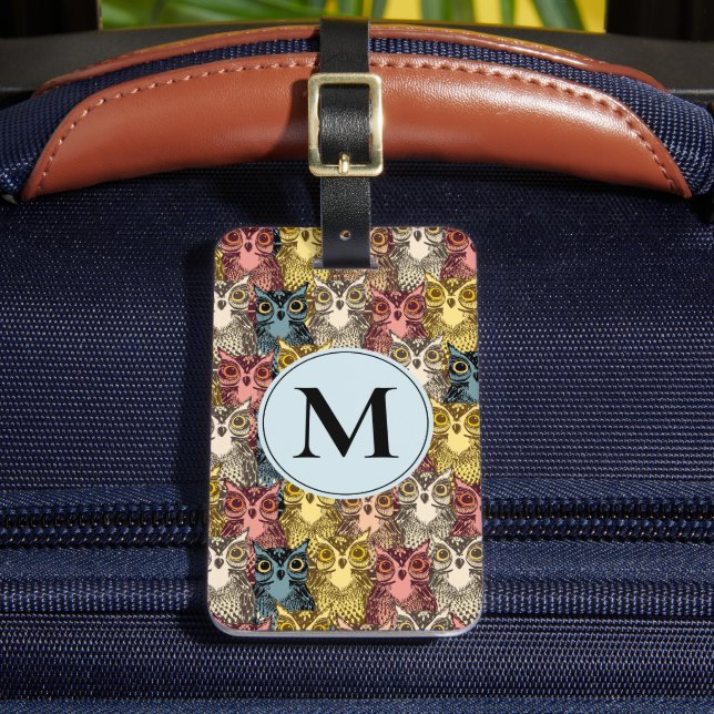 Colourful Boho Woodland Owl Pattern & Monogram Luggage Tag (Front Insitu 2)