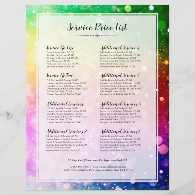 Colourful Bokeh Glitter Services Price List Flyer (Front)