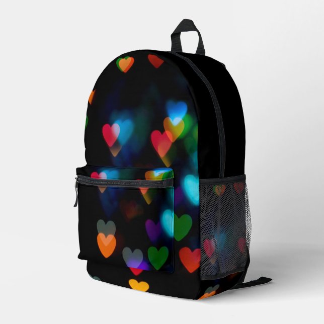 Colourful Bokeh Heart Lights On Black Printed Backpack (Back Corner Right)