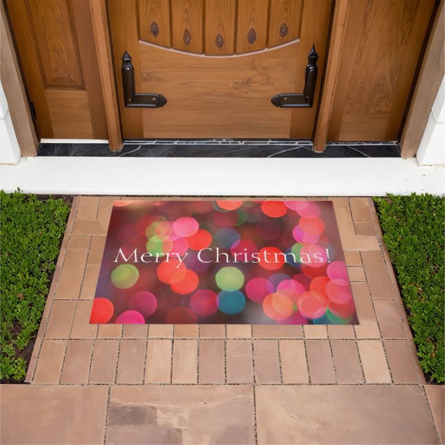 Colourful Bokeh Lights Merry Christmas Greeting Doormat (Outdoor)