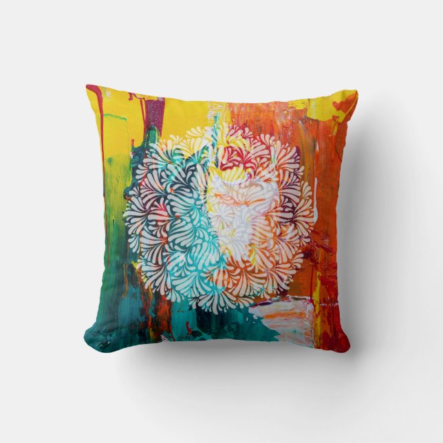 Colourful Bold Abstract Painting with Petal Mandal Throw Pillow (Front)