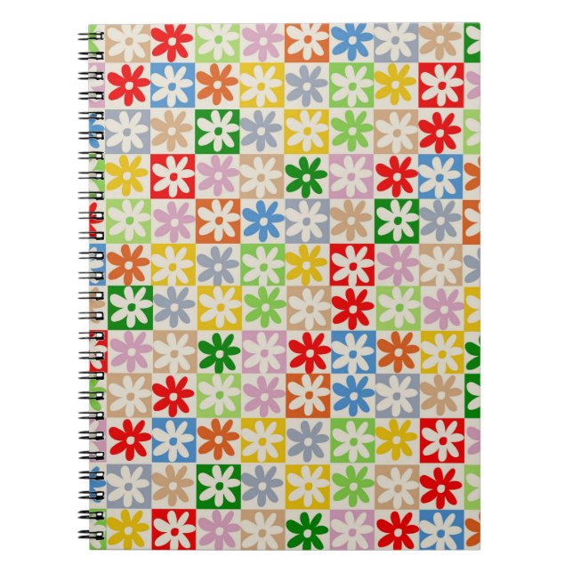 Colourful Bold Aesthetic Chequered Flower Pattern Notebook (Front)