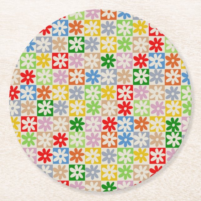 Colourful Bold Aesthetic Chequered Flower Pattern Round Paper Coaster (Front)