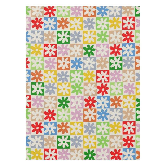 Colourful Bold Aesthetic Chequered Flower Pattern Tablecloth (Front)