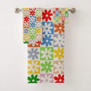 Colourful Bold Chequered Flower Y2K Pattern Bath Towel Set