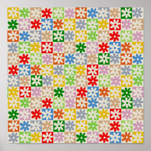 Colourful Bold Chequered Flower Y2K Pattern Poster