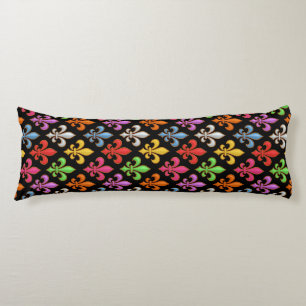 Colourful Bold Fleur-de-lis Flowers Black Body Pillow