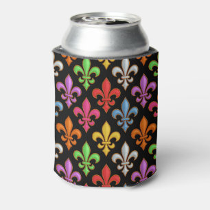 Colourful Bold Fleur-de-lis Flowers Black  Can Cooler