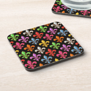 Colourful Bold Fleur-de-lis Flowers Black  Coaster