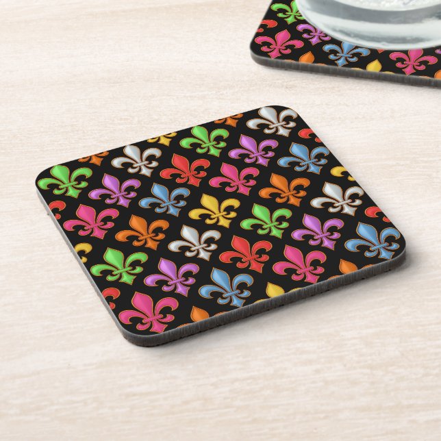 Colourful Bold Fleur-de-lis Flowers Black  Coaster (Left Side)