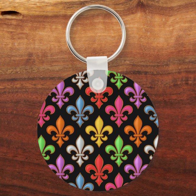 Colourful Bold Fleur-de-lis Flowers Black  Keychain (Back)