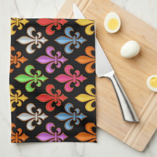 Colourful Bold Fleur-de-lis Flowers Black  Kitchen Towel