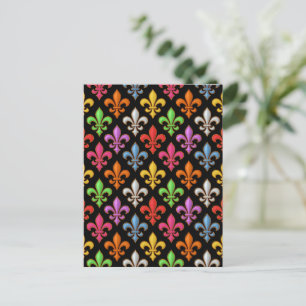 Colourful Bold Fleur-de-lis Flowers Black  Postcard