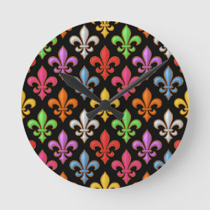 Colourful Bold Fleur-de-lis Flowers Black  Round Clock