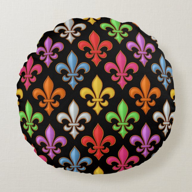 Colourful Bold Fleur-de-lis Flowers Black  Round Pillow (Front)