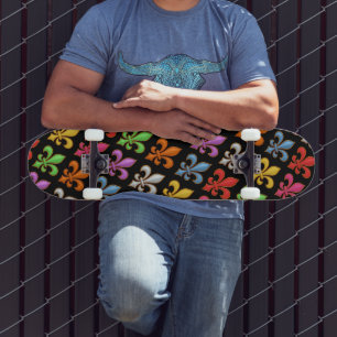 Colourful Bold Fleur-de-lis Flowers Black  Skateboard
