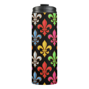 Colourful Bold Fleur-de-lis Flowers Black Thermal Tumbler