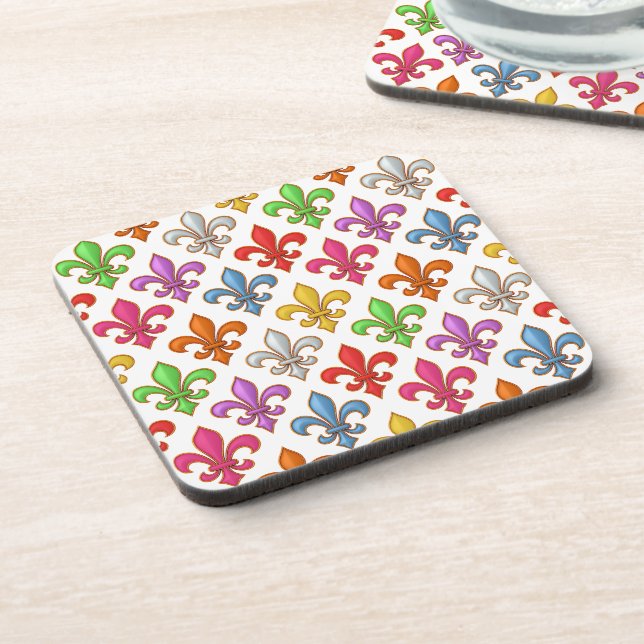 Colourful Bold Fleur-de-lis Flowers White Coaster (Left Side)