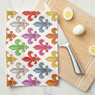 Colourful Bold Fleur-de-lis Flowers White Kitchen Towel