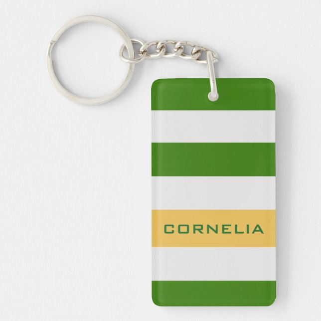 Colourful Bold Green Stripes with Custom Name Keychain (Front)