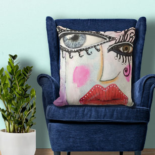 Colourful Bold Lip Quirky Eyes Collage Art Graffit Throw Pillow