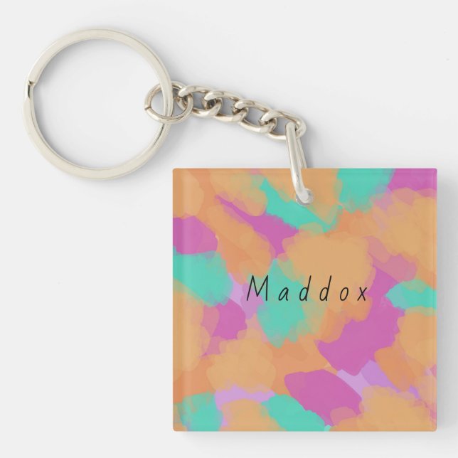 Colourful Bold Modern Artist Pattern + Custom Name Keychain (Front)