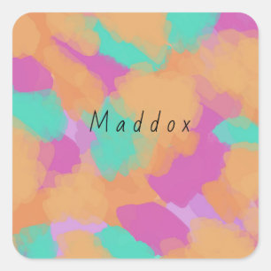 Colourful Bold Modern Artist Pattern + Custom Name Square Sticker