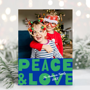 Colourful Bold Peace & Love Blue Green Photo Holiday Card