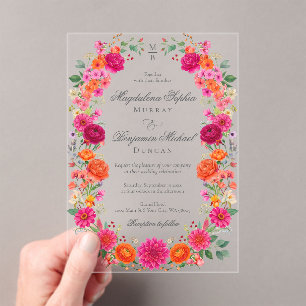 Colourful Bold Pink & Orange Floral Garden Wedding Acrylic Invitations