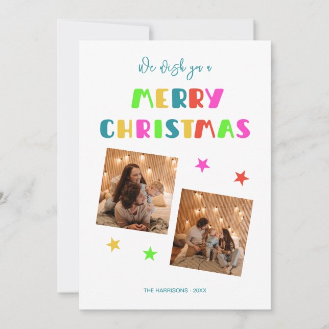 Colourful Bold Script Merry Christmas Two Photos  Holiday Card (Front)