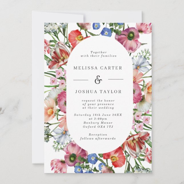 Colourful Bold Waterflowers Pill Frame Wedding Invitation (Front)