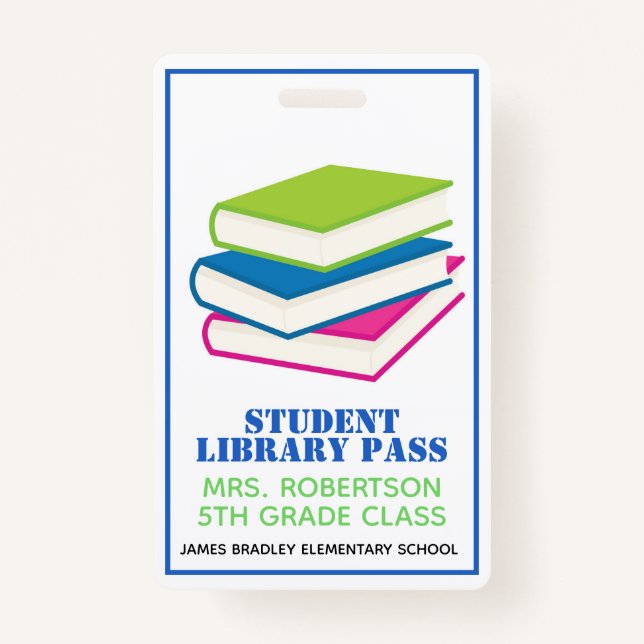 Colourful Books School Library Hall Pass Badge (Front)