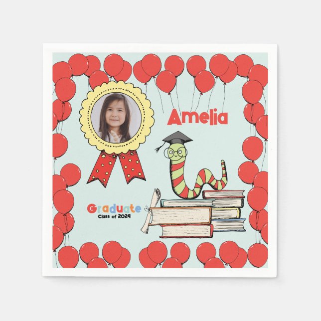 Colourful Bookworm Kids Graduation Party Napkin (Front)