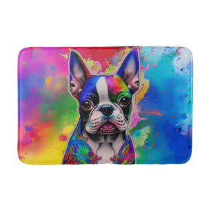 Colourful Boston Terrier Paint Splashes Bath Mat