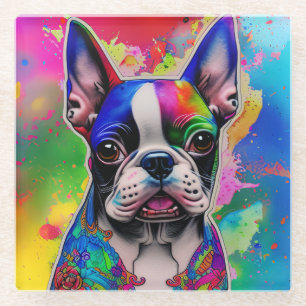 Colourful Boston Terrier Paint Splashes Glass Coaster