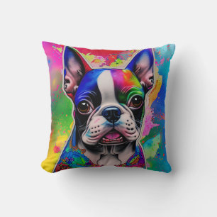 Colourful Boston Terrier Paint Splashes Square Throw Pillow