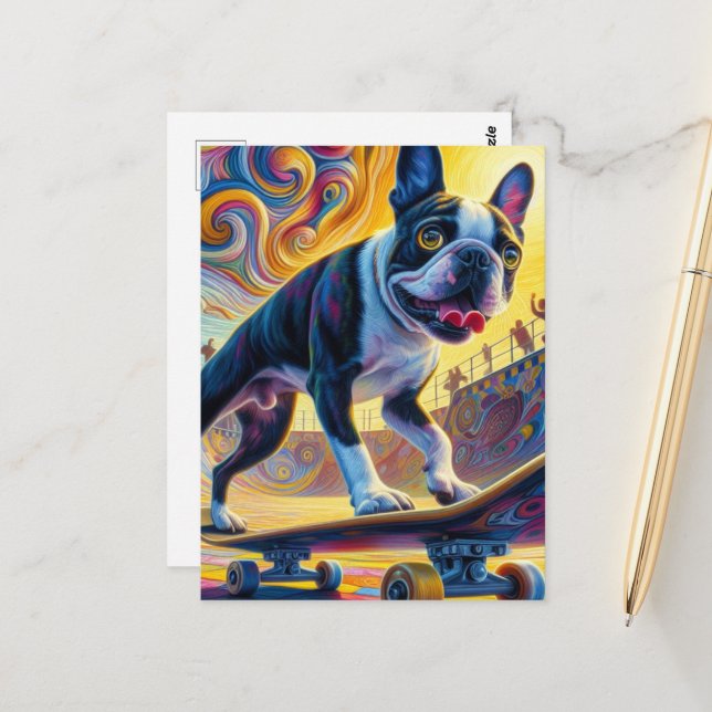 Colourful Boston Terrier Skateboarding Postcard (Front/Back In Situ)