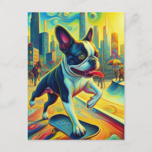 Colourful Boston Terrier Skateboarding Surreal Art Postcard