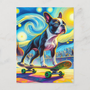 Colourful Boston Terrier Skateboarding Van Gogh Postcard