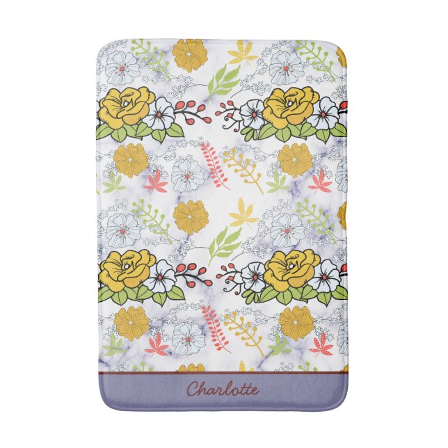 Colourful botanical floral pattern personalized bath mat (Front Vertical)