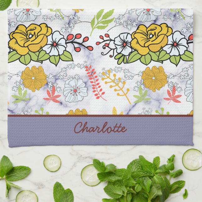 Colourful botanical floral pattern personalized  kitchen towel (Folded)