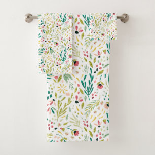 Colourful Botanical Flowers & Leafs Pattern Bath Towel Set