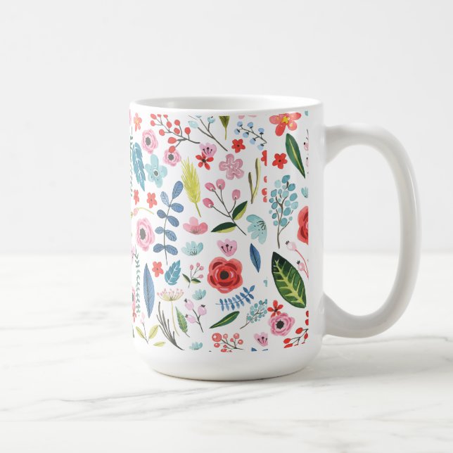 Colourful Botanical Flowers & Leafs Pattern Coffee Mug (Right)
