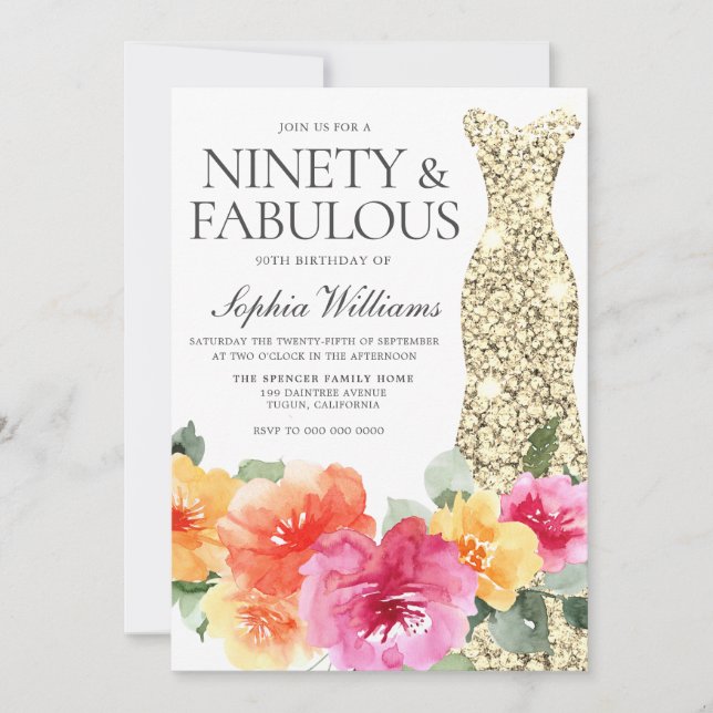 Colourful Botanical Gold Dress 90th Birthday Party Invitation (Front)
