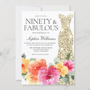 Colourful Botanical Gold Dress 90th Birthday Party Invitation
